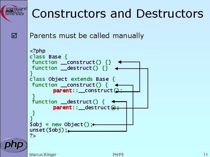 Constructors and Destructors þ Parents must be called manually <? php class Base {