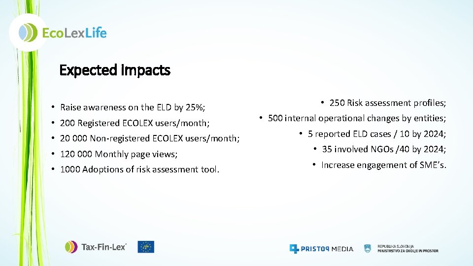 Expected impacts • Raise awareness on the ELD by 25%; • 200 Registered ECOLEX