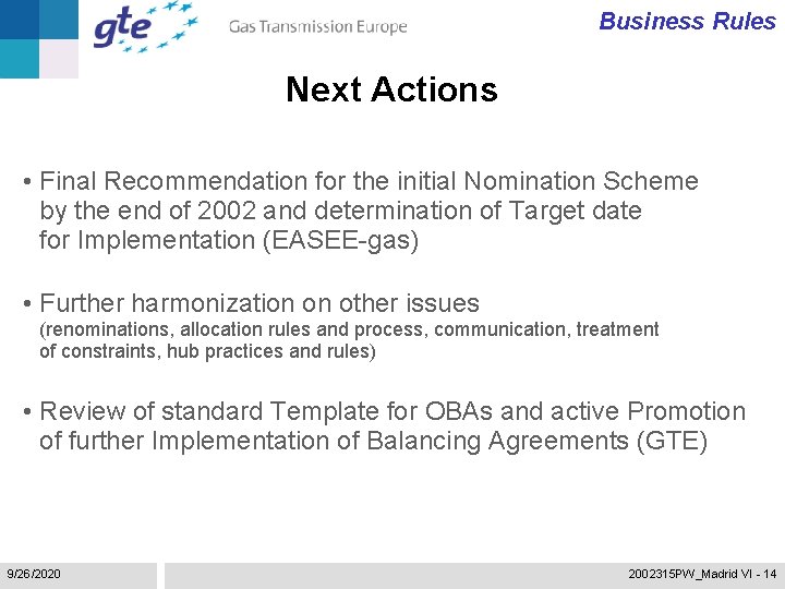Business Rules Next Actions • Final Recommendation for the initial Nomination Scheme by the