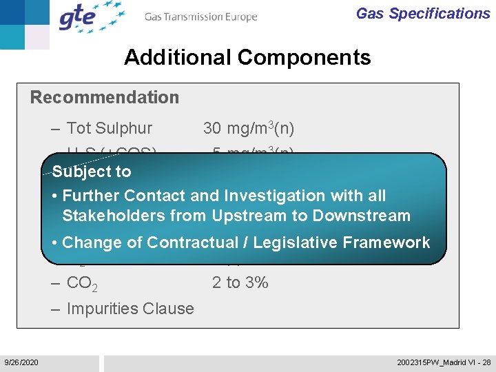 Gas Specifications Additional Components Recommendation – Tot Sulphur 30 mg/m 3(n) – H 2