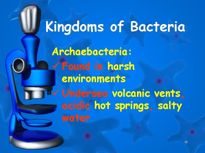 Kingdoms of Bacteria Archaebacteria: ü Found in harsh environments ü Undersea volcanic vents, acidic