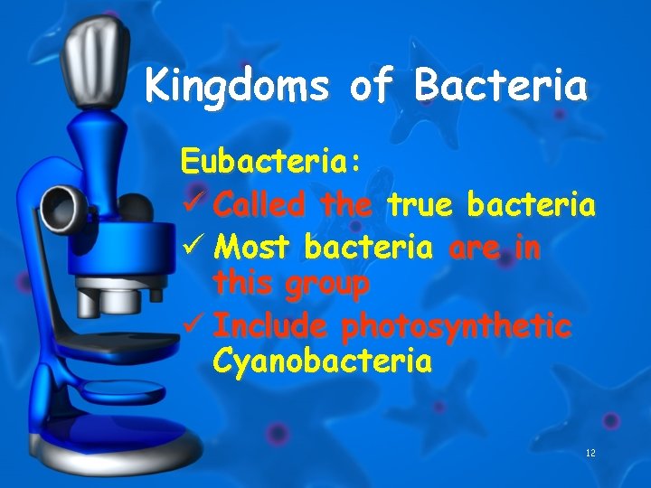 Kingdoms of Bacteria Eubacteria: ü Called the true bacteria ü Most bacteria are in