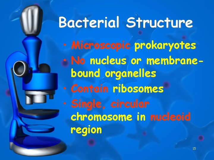 Bacterial Structure • • Microscopic prokaryotes No nucleus or membranebound organelles Contain ribosomes Single,