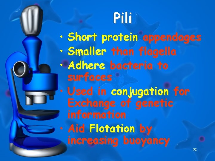 Pili • • • Short protein appendages Smaller than flagella Adhere bacteria to surfaces