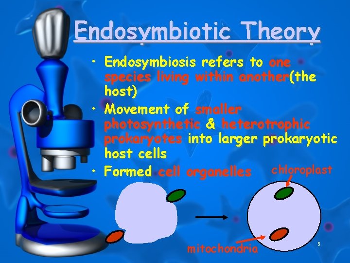 Endosymbiotic Theory • Endosymbiosis refers to one species living within another(the host) • Movement