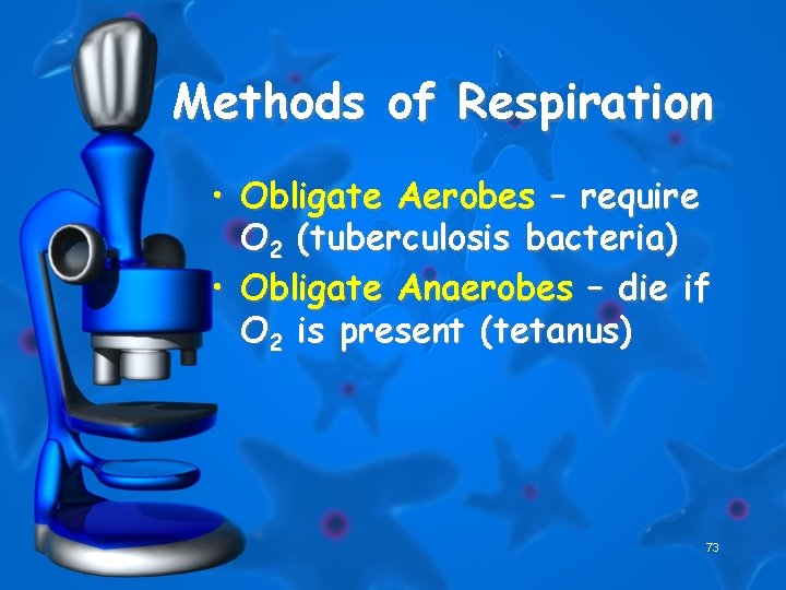 Methods of Respiration • Obligate Aerobes – require O 2 (tuberculosis bacteria) • Obligate