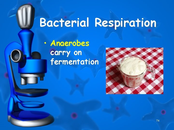 Bacterial Respiration • Anaerobes carry on fermentation 74 