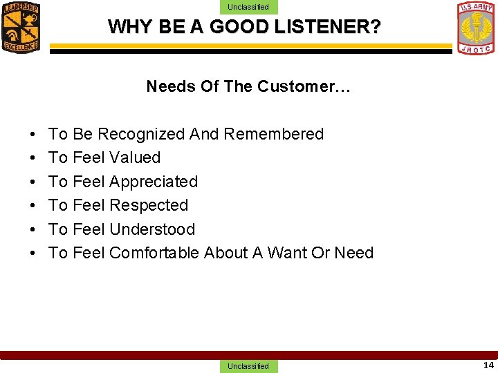 Unclassified WHY BE A GOOD LISTENER? Needs Of The Customer… • • • To