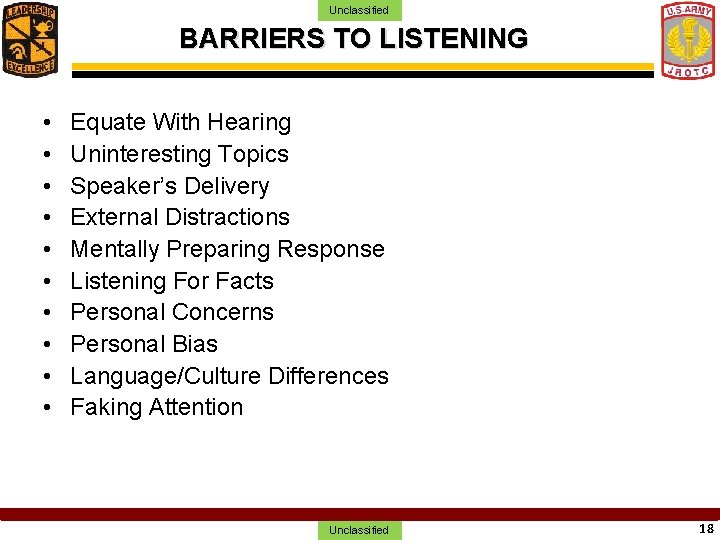 Unclassified BARRIERS TO LISTENING • • • Equate With Hearing Uninteresting Topics Speaker’s Delivery