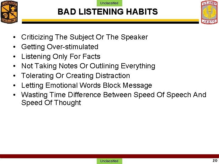 Unclassified BAD LISTENING HABITS • • Criticizing The Subject Or The Speaker Getting Over-stimulated