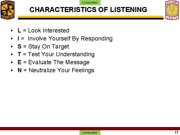 Unclassified CHARACTERISTICS OF LISTENING • • • L = Look Interested I = Involve