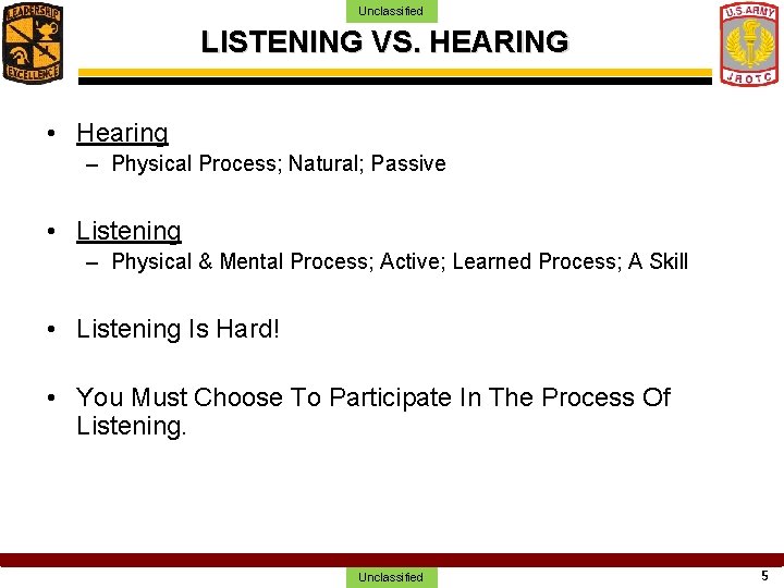 Unclassified LISTENING VS. HEARING • Hearing – Physical Process; Natural; Passive • Listening –