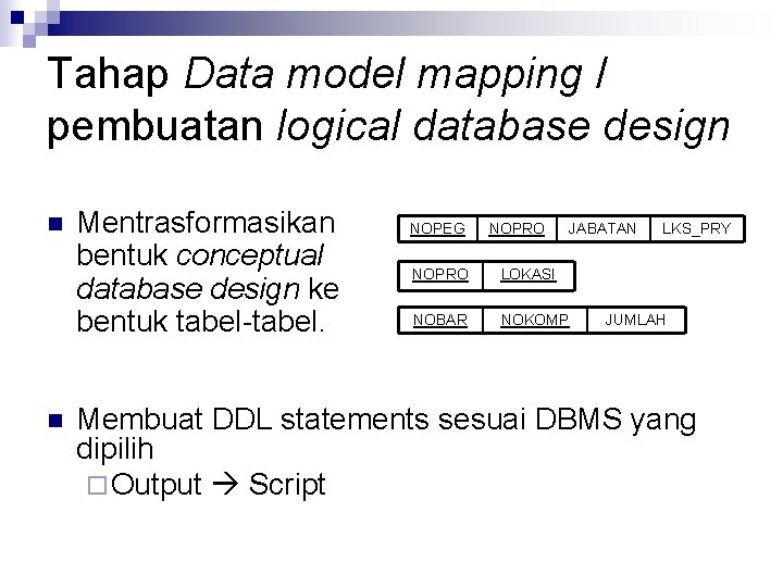 Tahap Data model mapping / pembuatan logical database design n n Mentrasformasikan bentuk conceptual