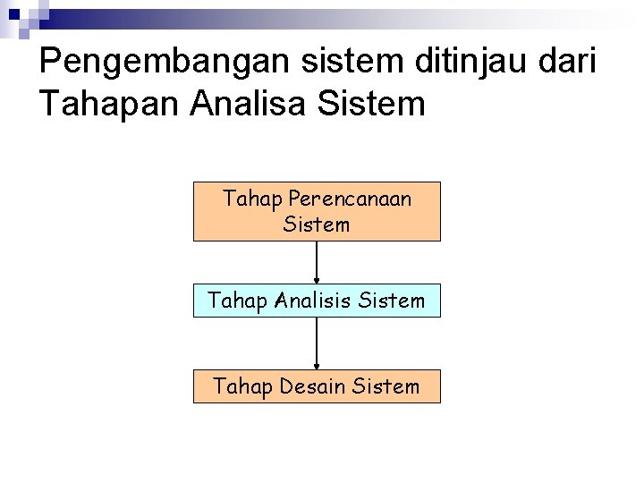 Pengembangan sistem ditinjau dari Tahapan Analisa Sistem Tahap Perencanaan Sistem Tahap Analisis Sistem Tahap