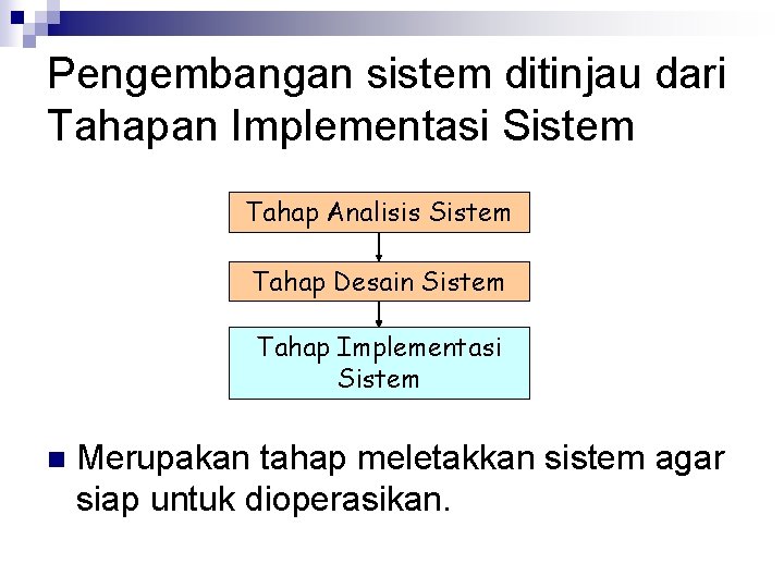 Pengembangan sistem ditinjau dari Tahapan Implementasi Sistem Tahap Analisis Sistem Tahap Desain Sistem Tahap