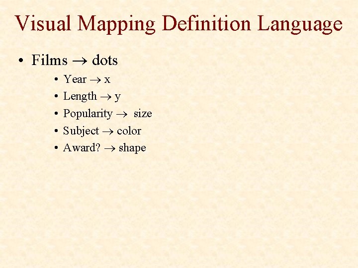 Visual Mapping Definition Language • Films dots • • • Year x Length y