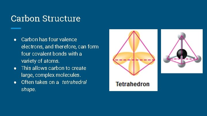 Carbon Structure ● Carbon has four valence electrons, and therefore, can form four covalent