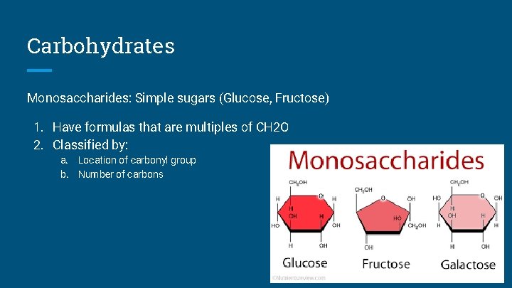 Carbohydrates Monosaccharides: Simple sugars (Glucose, Fructose) 1. Have formulas that are multiples of CH