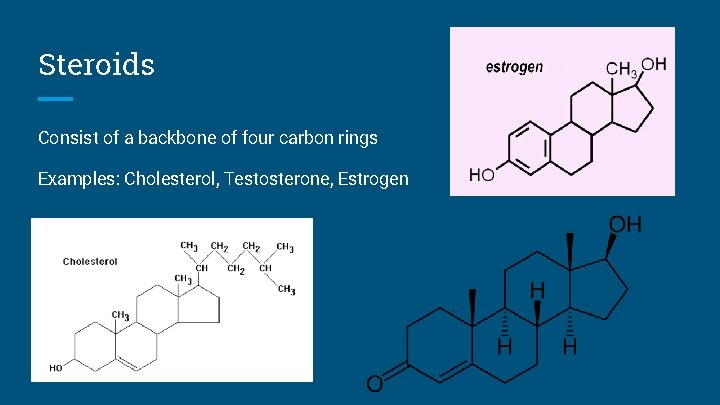 Steroids Consist of a backbone of four carbon rings Examples: Cholesterol, Testosterone, Estrogen 