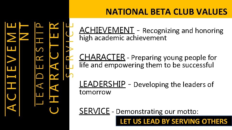ACHIEVEME NT LEADERSHIP CHARACTER SERVICE NATIONAL BETA CLUB VALUES ACHIEVEMENT - Recognizing and honoring