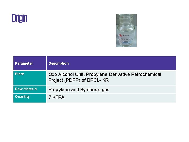 Origin Parameter Description Plant Oxo Alcohol Unit, Propylene Derivative Petrochemical Project (PDPP) of BPCL-