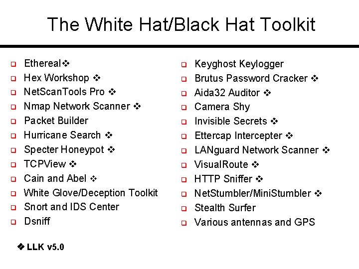 The White Hat/Black Hat Toolkit q q q Ethereal Hex Workshop Net. Scan. Tools