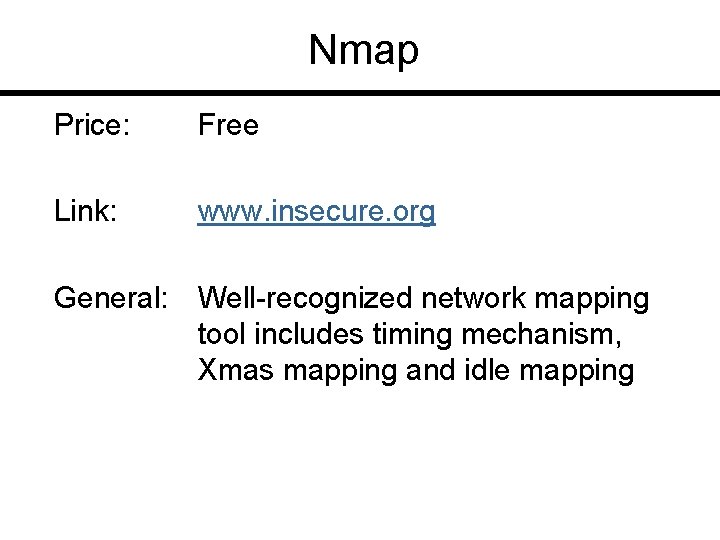 Nmap Price: Free Link: www. insecure. org General: Well-recognized network mapping tool includes timing