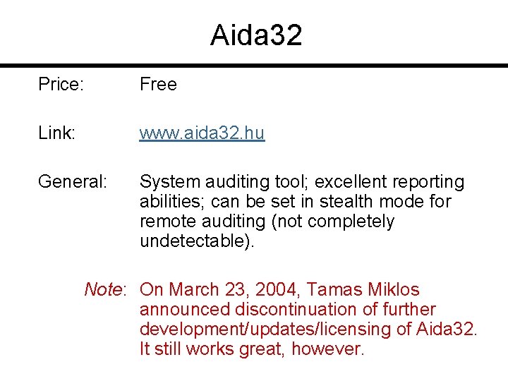 Aida 32 Price: Free Link: www. aida 32. hu General: System auditing tool; excellent