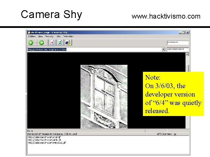 Camera Shy www. hacktivismo. com Note: On 3/6/03, the developer version of “ 6/4”