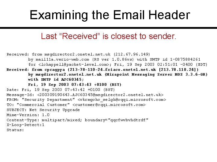 Examining the Email Header Last “Received” is closest to sender. Received: from msgdirector 2.