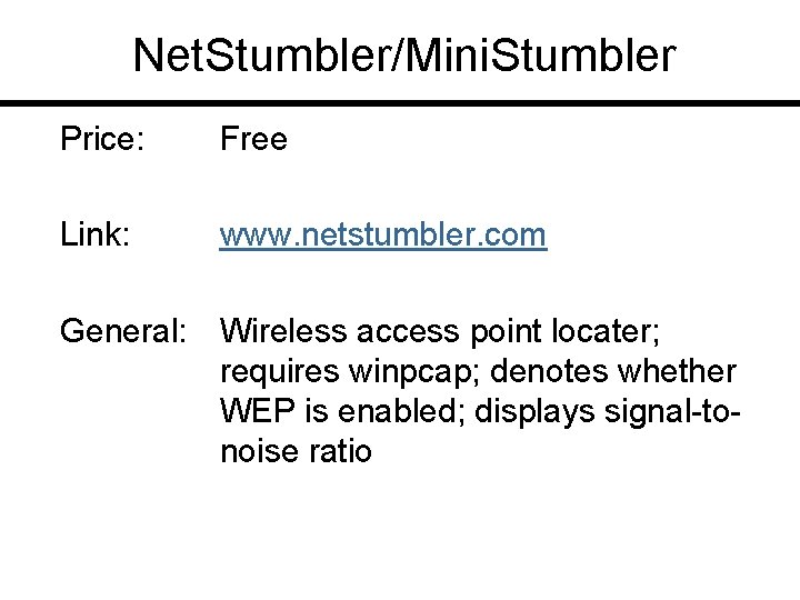 Net. Stumbler/Mini. Stumbler Price: Free Link: www. netstumbler. com General: Wireless access point locater;