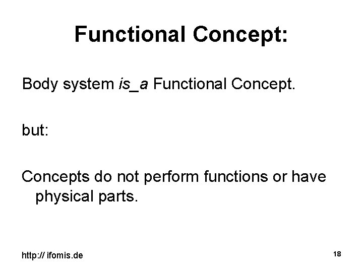 Functional Concept: Body system is_a Functional Concept. but: Concepts do not perform functions or