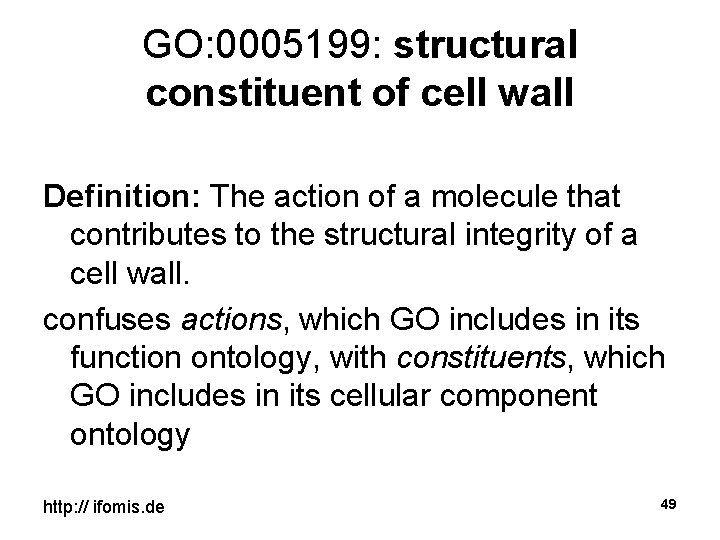 GO: 0005199: structural constituent of cell wall Definition: The action of a molecule that