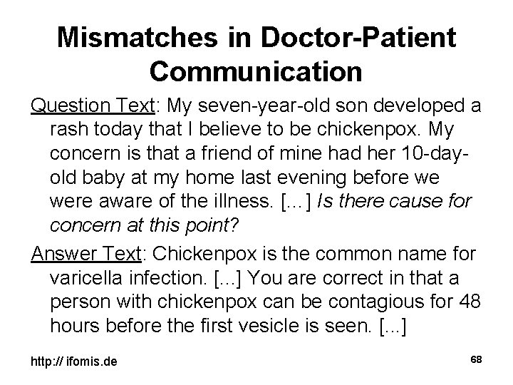 Mismatches in Doctor-Patient Communication Question Text: My seven-year-old son developed a rash today that