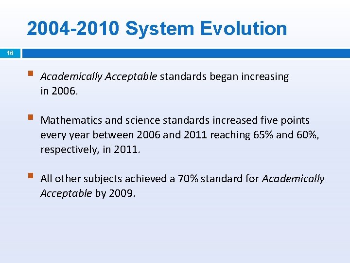 2004 -2010 System Evolution 16 § Academically Acceptable standards began increasing in 2006. §