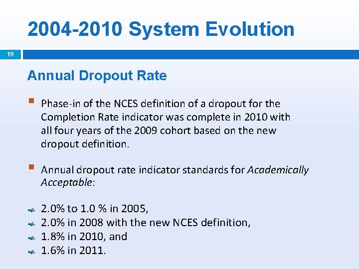 2004 -2010 System Evolution 19 Annual Dropout Rate § Phase-in of the NCES definition