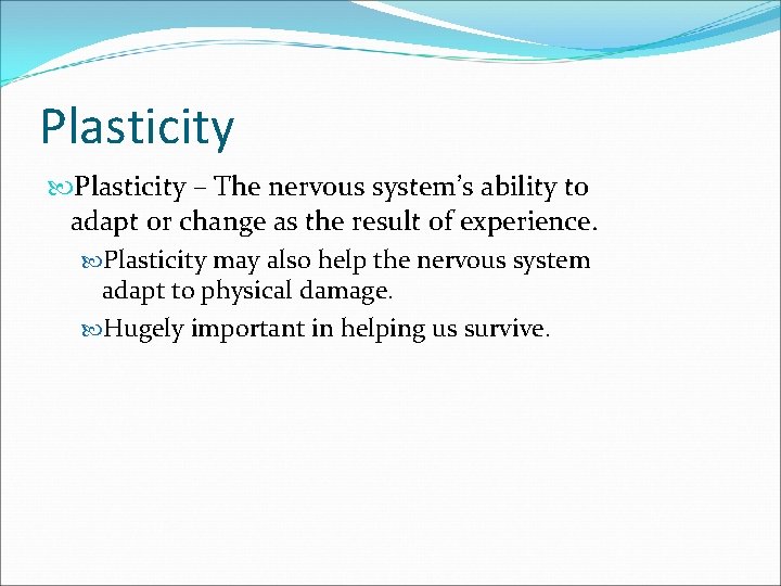 Plasticity – The nervous system’s ability to adapt or change as the result of