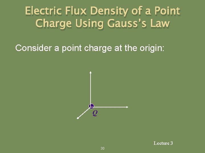 Electric Flux Density of a Point Charge Using Gauss’s Law Consider a point charge