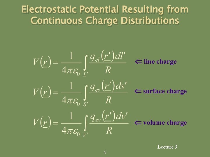 Electrostatic Potential Resulting from Continuous Charge Distributions line charge surface charge volume charge Lecture