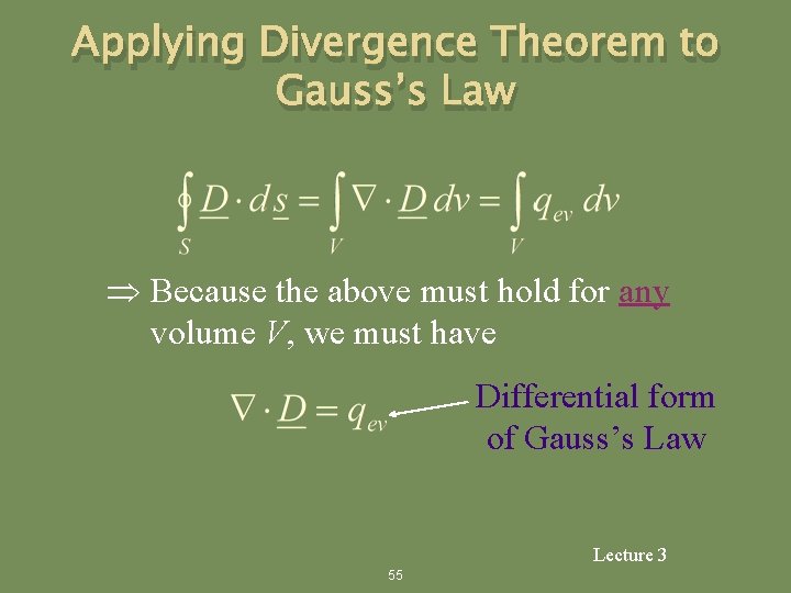 Applying Divergence Theorem to Gauss’s Law Because the above must hold for any volume