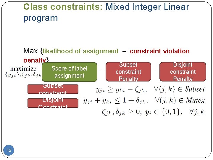 Class constraints: Mixed Integer Linear program Max {likelihood of assignment – constraint violation penalty}