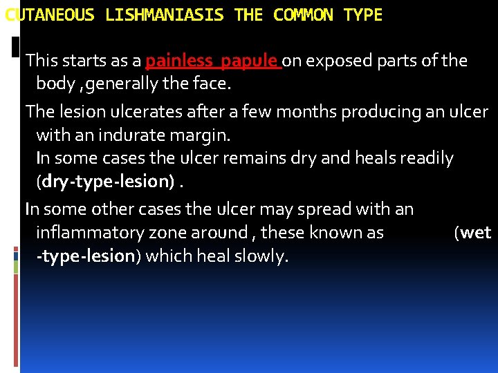 CUTANEOUS LISHMANIASIS THE COMMON TYPE This starts as a painless papule on exposed parts