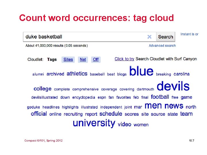 Count word occurrences: tag cloud Compsci 6/101, Spring 2012 10. 7 