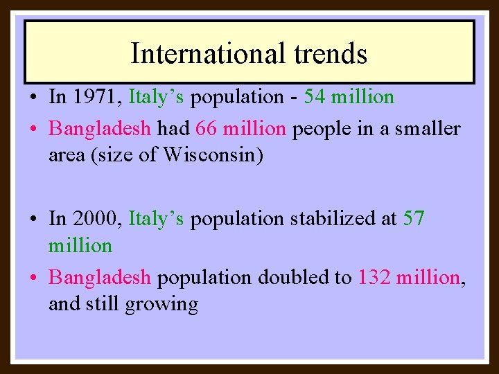 International trends • In 1971, Italy’s population - 54 million • Bangladesh had 66