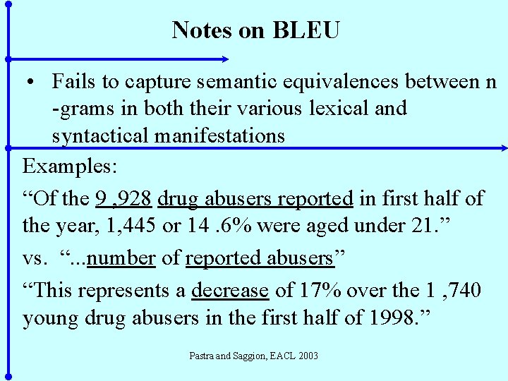 Notes on BLEU • Fails to capture semantic equivalences between n -grams in both