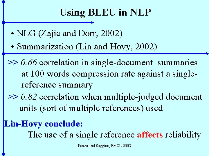 Using BLEU in NLP • NLG (Zajic and Dorr, 2002) • Summarization (Lin and