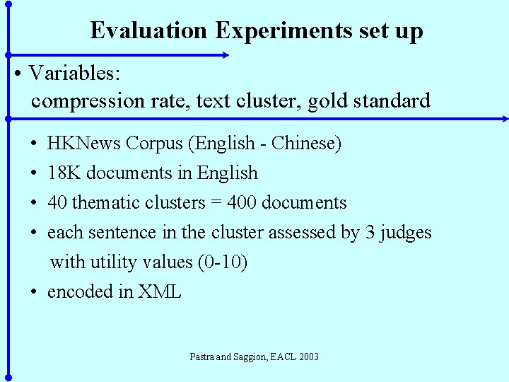 Evaluation Experiments set up • Variables: compression rate, text cluster, gold standard • •