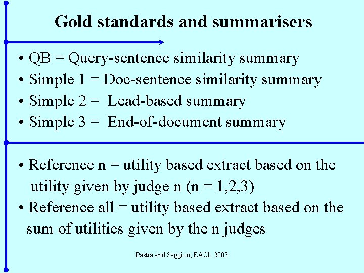 Gold standards and summarisers • QB = Query-sentence similarity summary • Simple 1 =
