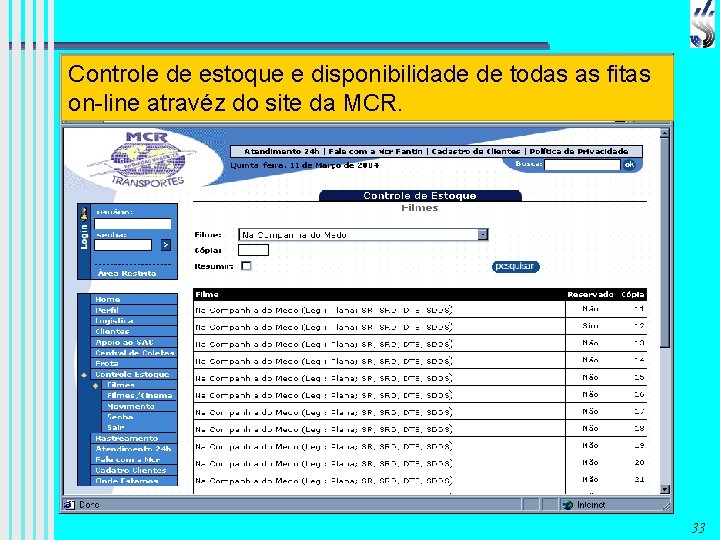 Controle de estoque e disponibilidade de todas as fitas on-line atravéz do site da