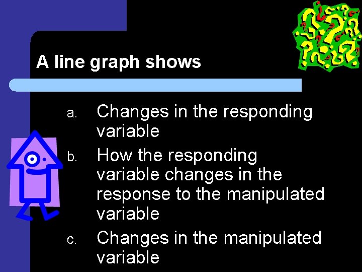 A line graph shows a. b. c. Changes in the responding variable How the